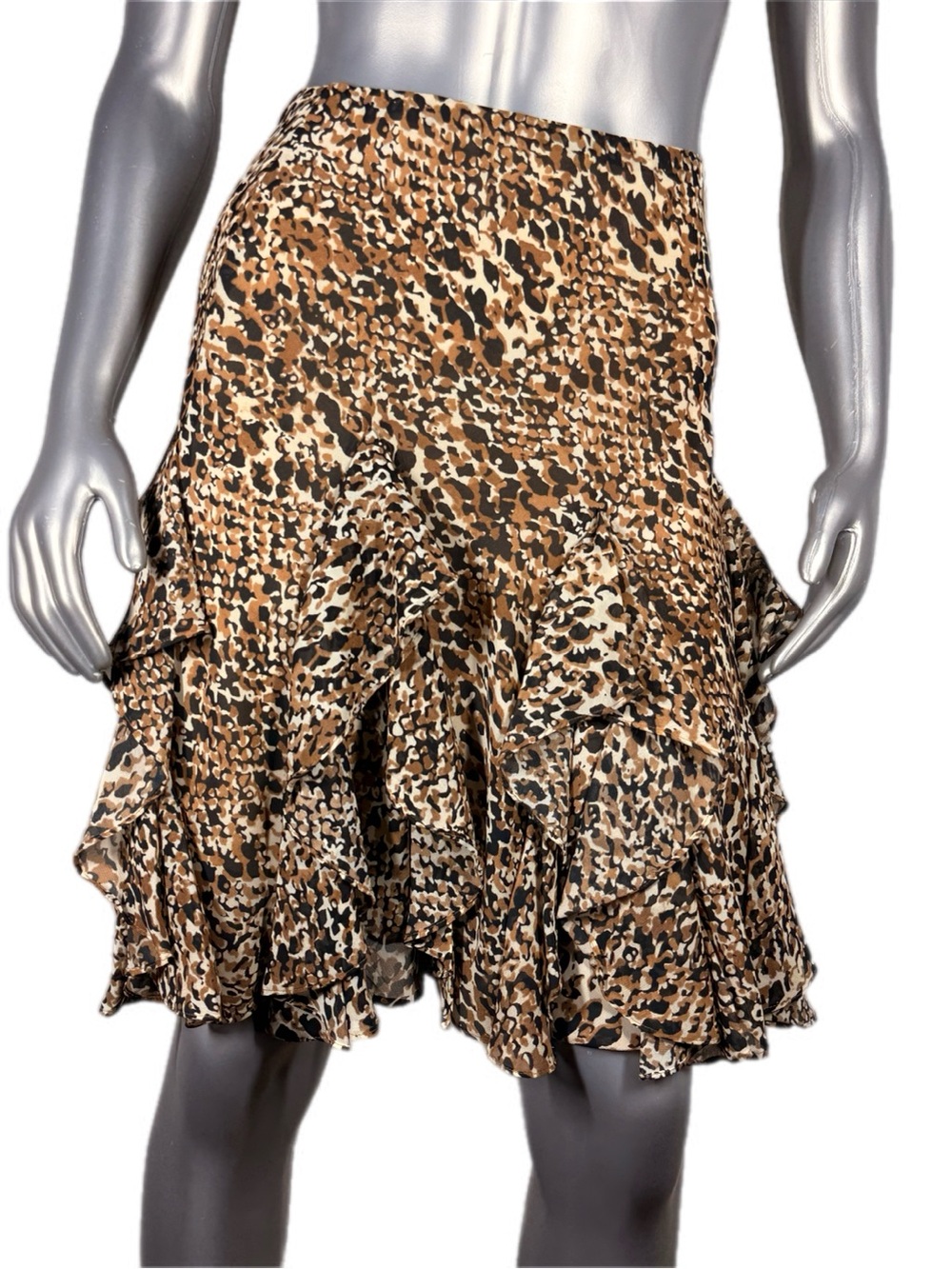 Lauren Ralph Lauren | Black Brown Georgette Skirt Leopard Ruffle Midi - Picture 3 of 14
